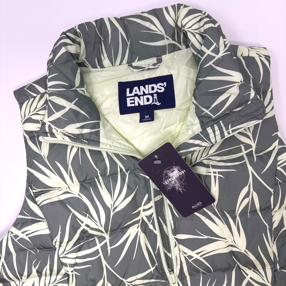 Lands End Womens Green White Leaf Print 600 Fill Down Puffer Vest Medium NWT
